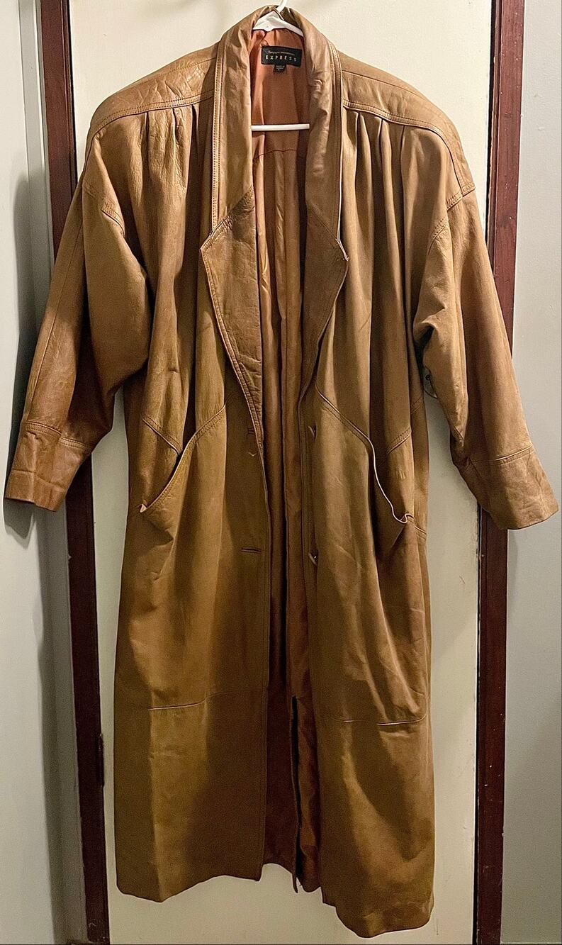 Vintage Express Women’s Long Brown Genuine Leather Trench Coat Size L
